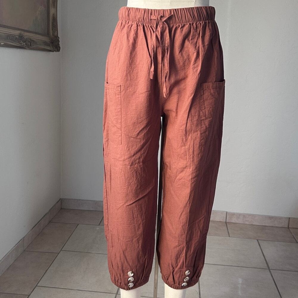 linen Capri Jogger Brown balloon pants lagenlook cropped ankle button women M